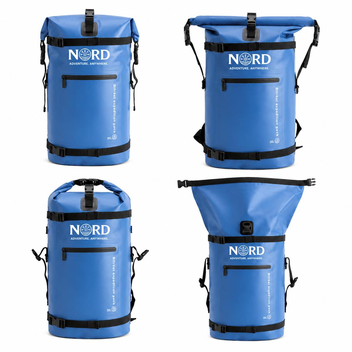 Nord Bifrost waterproof expedition pack, a rugged outdoor backpack designed for hiking, travel and adventure, with a durable waterproof construction and practical roll-top design.