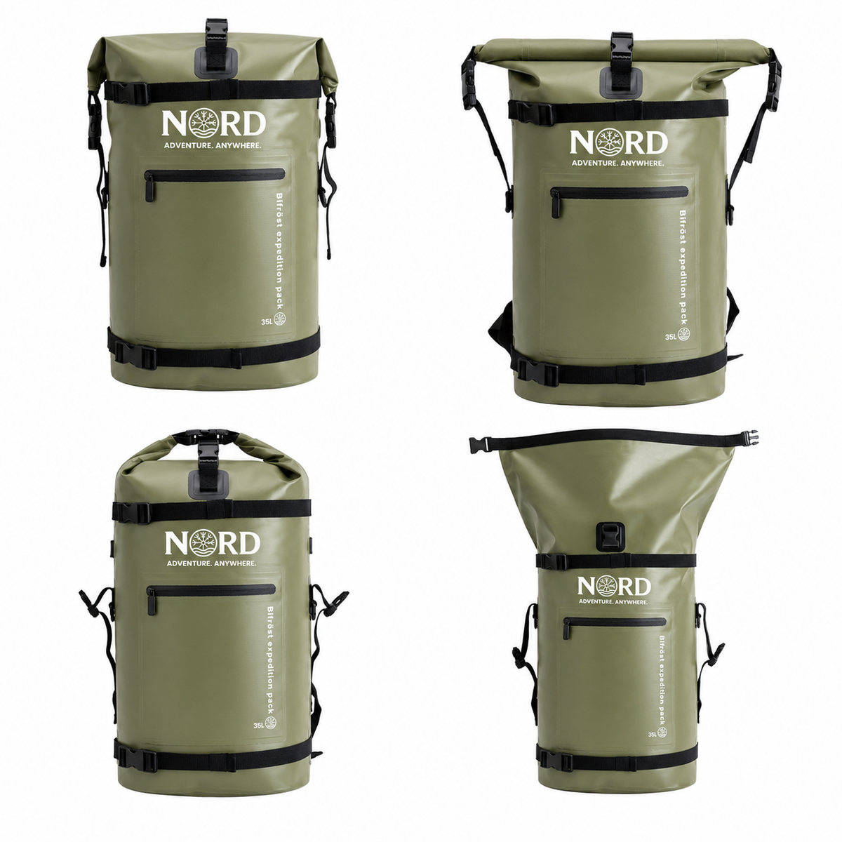 Nord Bifrost waterproof expedition pack, a rugged outdoor backpack designed for hiking, travel and adventure, with a durable waterproof construction and practical roll-top design.