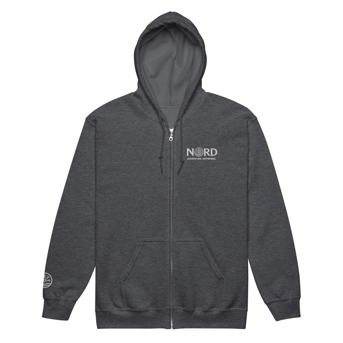 Nord Isbrandr dark heather unisex zip hoodie with embroidered logo – front view