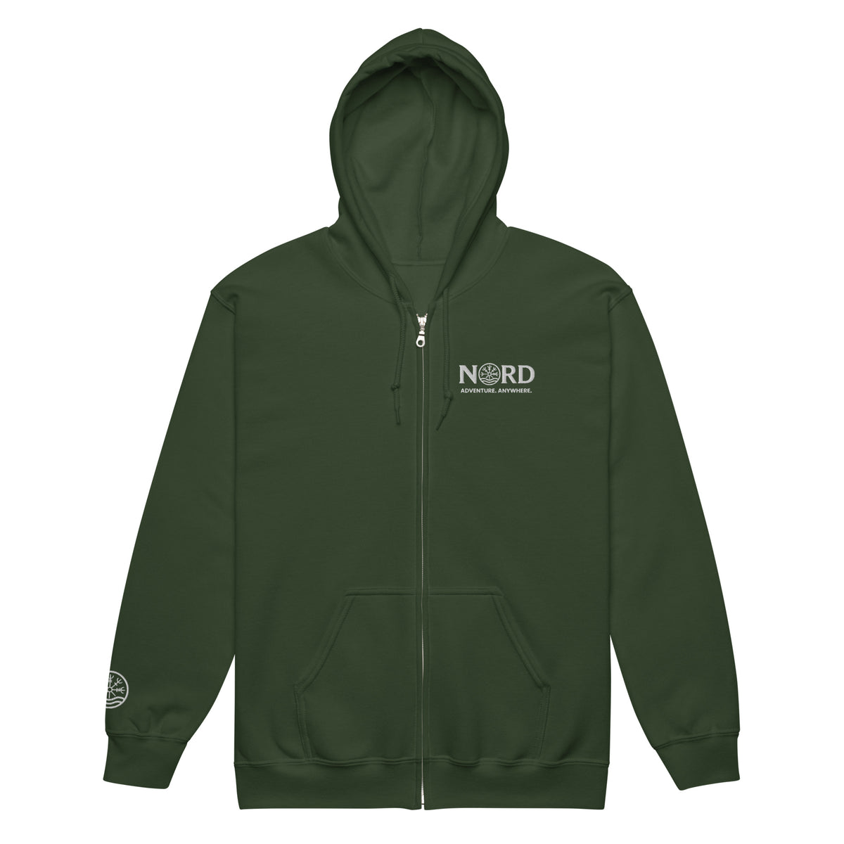 Nord Isbrandr forest green unisex zip hoodie with embroidered logo – front view