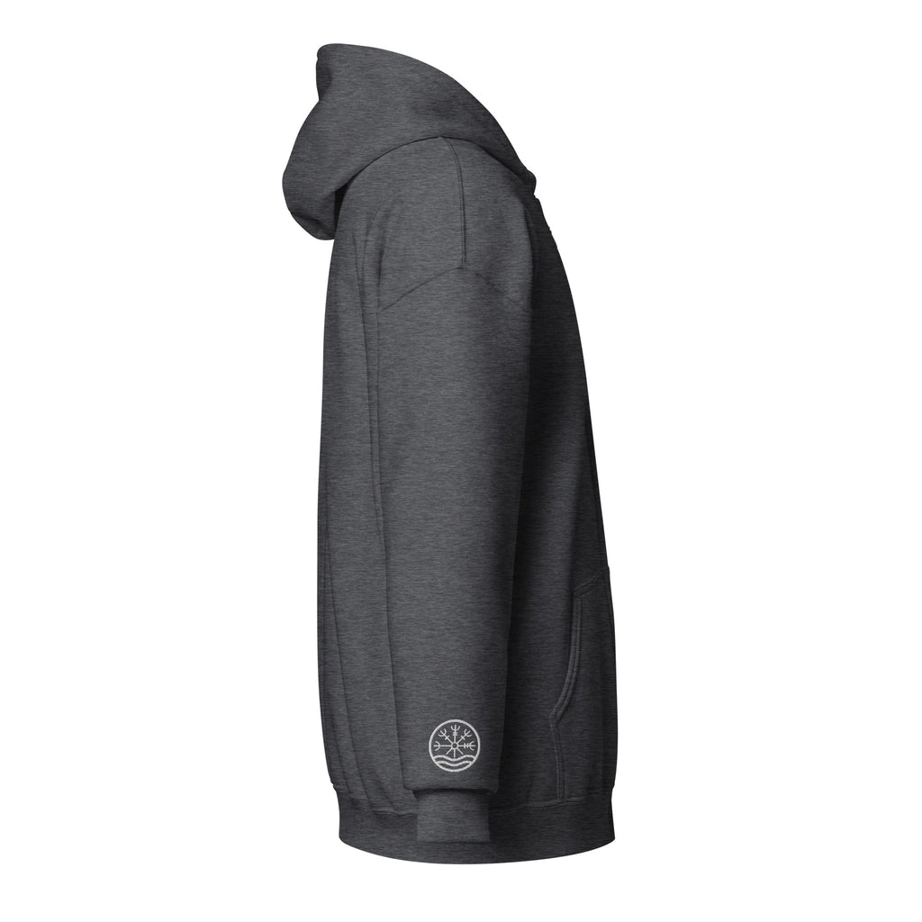 Nord Isbrandr hoodie in dark heather – side view with embroidered Nord logo