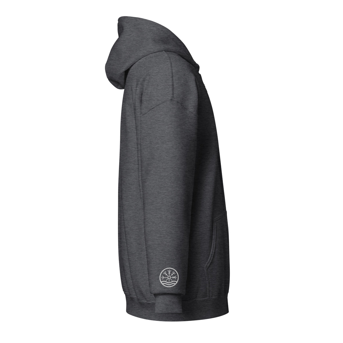 Nord Isbrandr hoodie in dark heather – side view with embroidered Nord logo