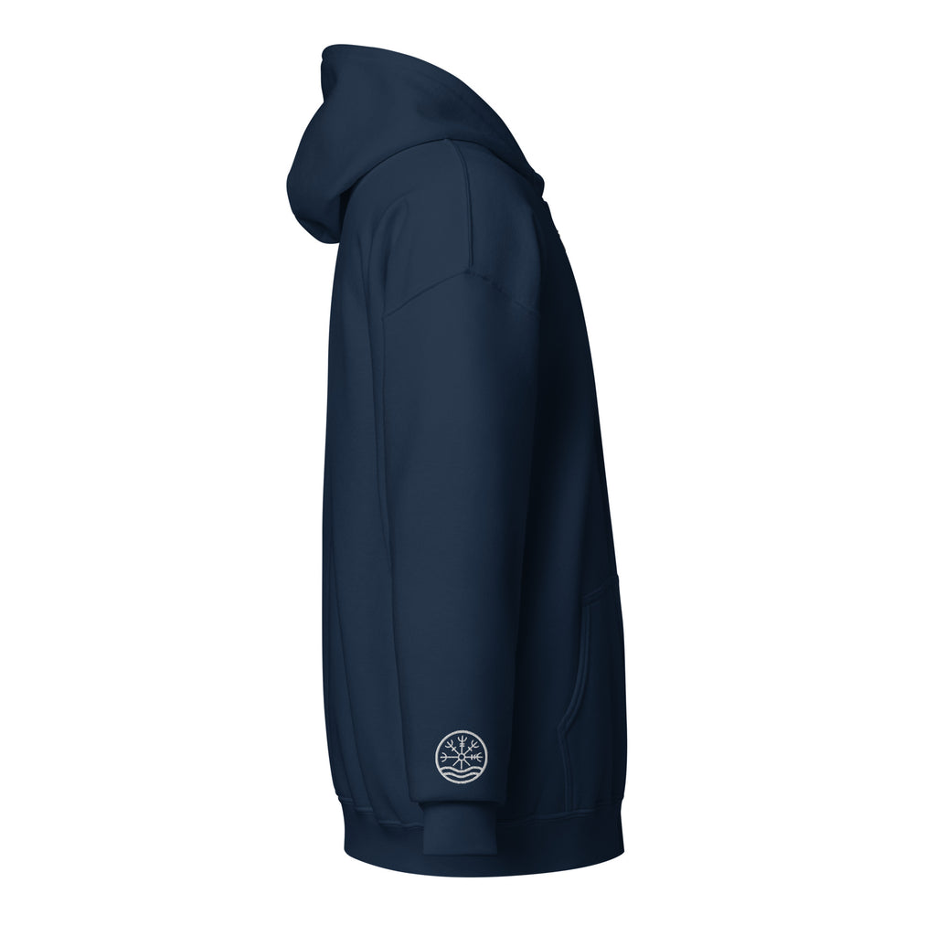 Nord Isbrandr hoodie in navy – side view with embroidered Nord logo
