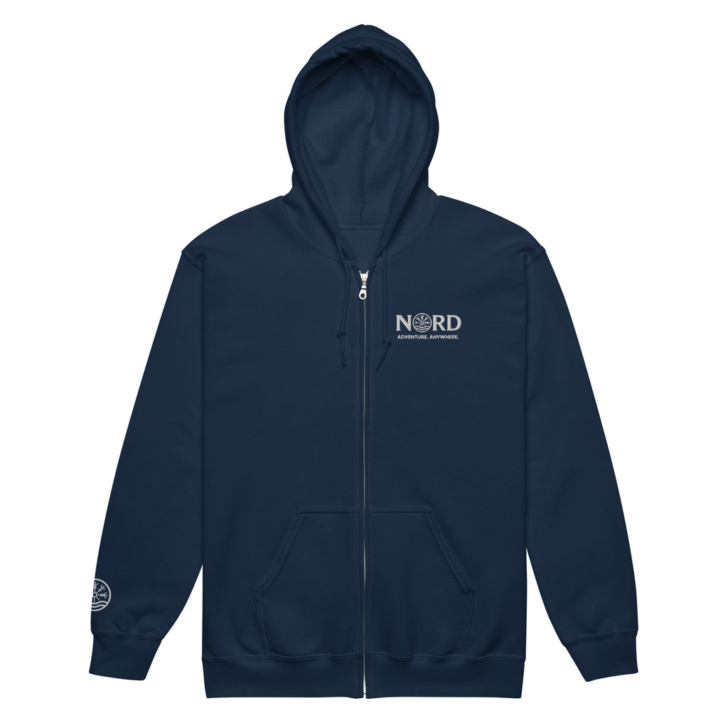 Nord Isbrandr navy unisex zip hoodie with embroidered logo – front view