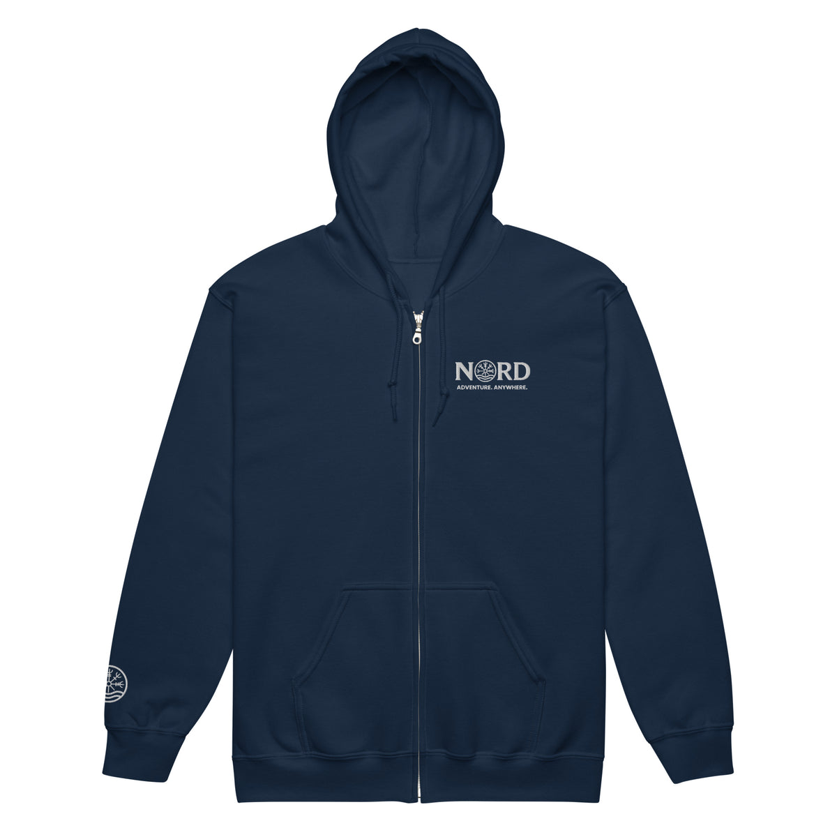 Nord Isbrandr navy unisex zip hoodie with embroidered logo – front view