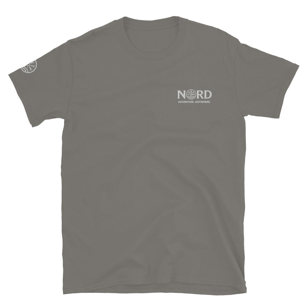 Nord Ljosalfar charcoal adventure T-shirt with embroidered logo – front view