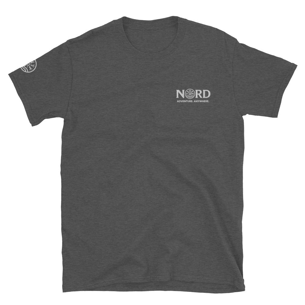 Nord Ljosalfar dark heather adventure T-shirt with embroidered logo – front view
