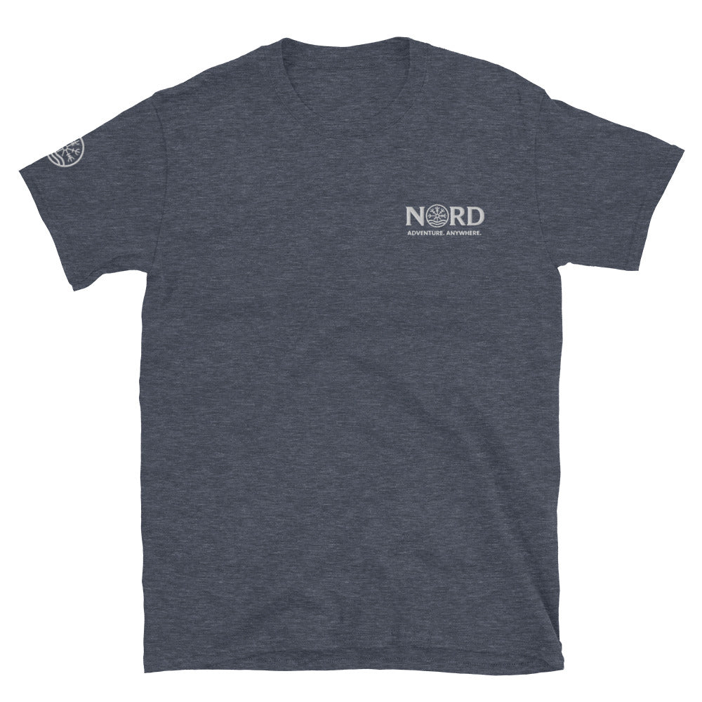 Nord Ljosalfar heather navy adventure T-shirt with embroidered logo – front view