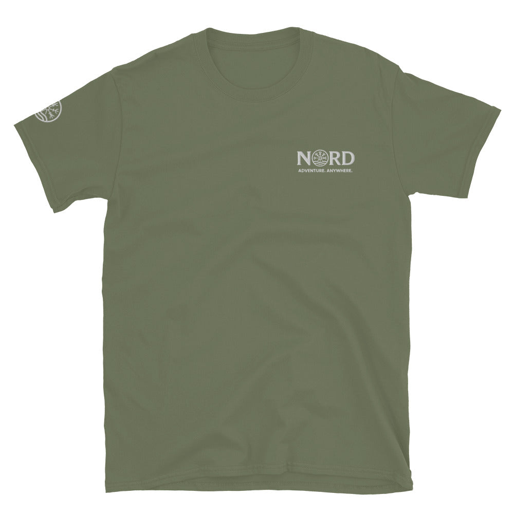 Nord Ljosalfar military green adventure T-shirt with embroidered logo – front view