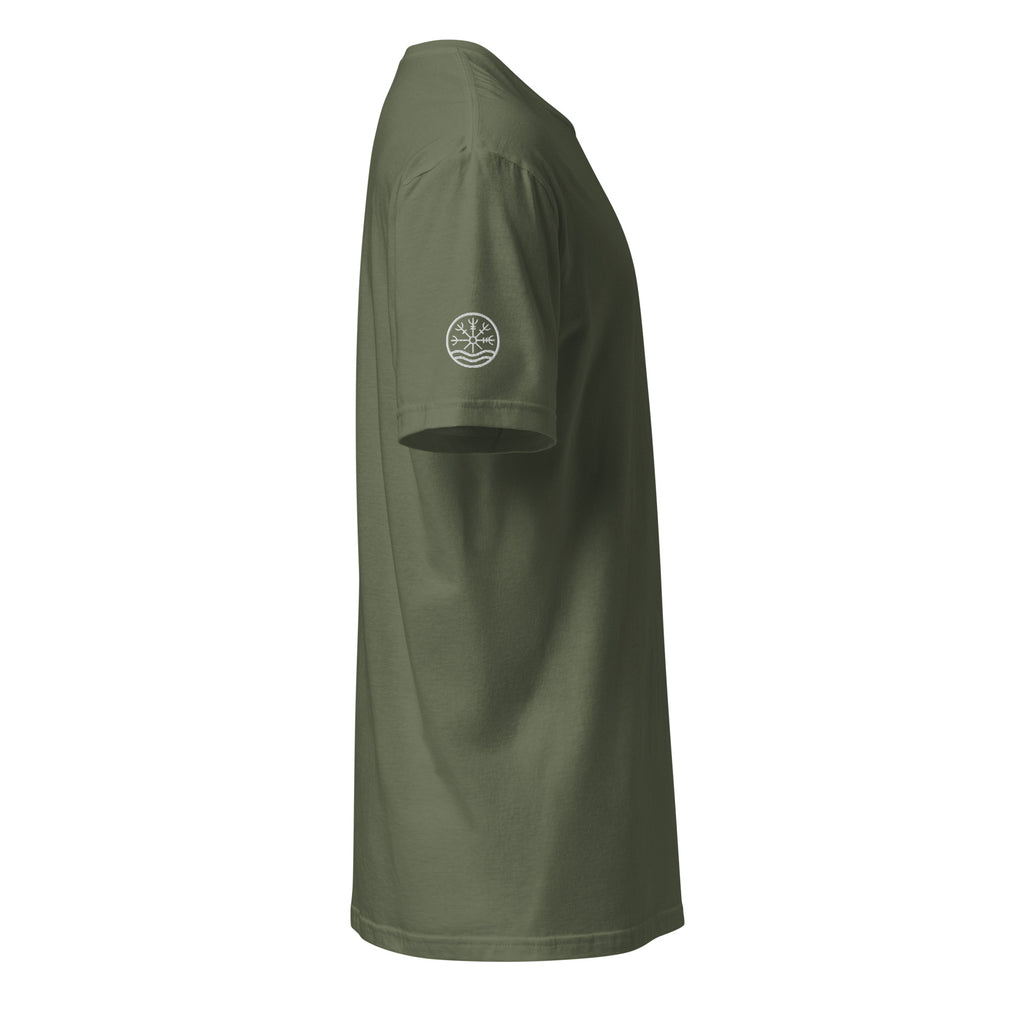 Nord Ljosalfar military green adventure T-shirt with embroidered logo – side view