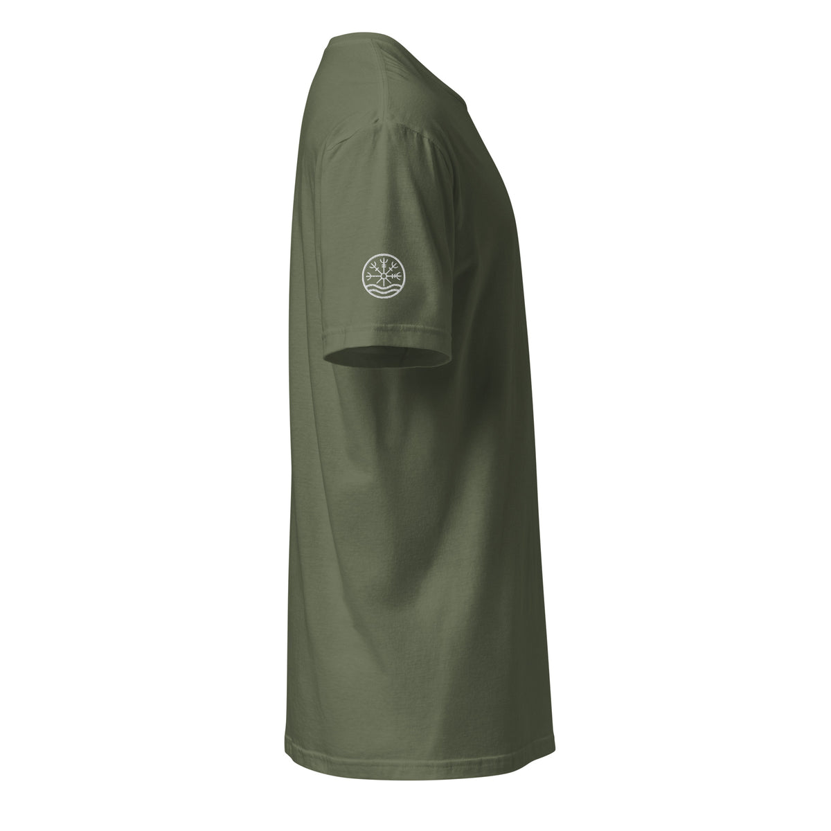 Nord Ljosalfar military green adventure T-shirt with embroidered logo – side view