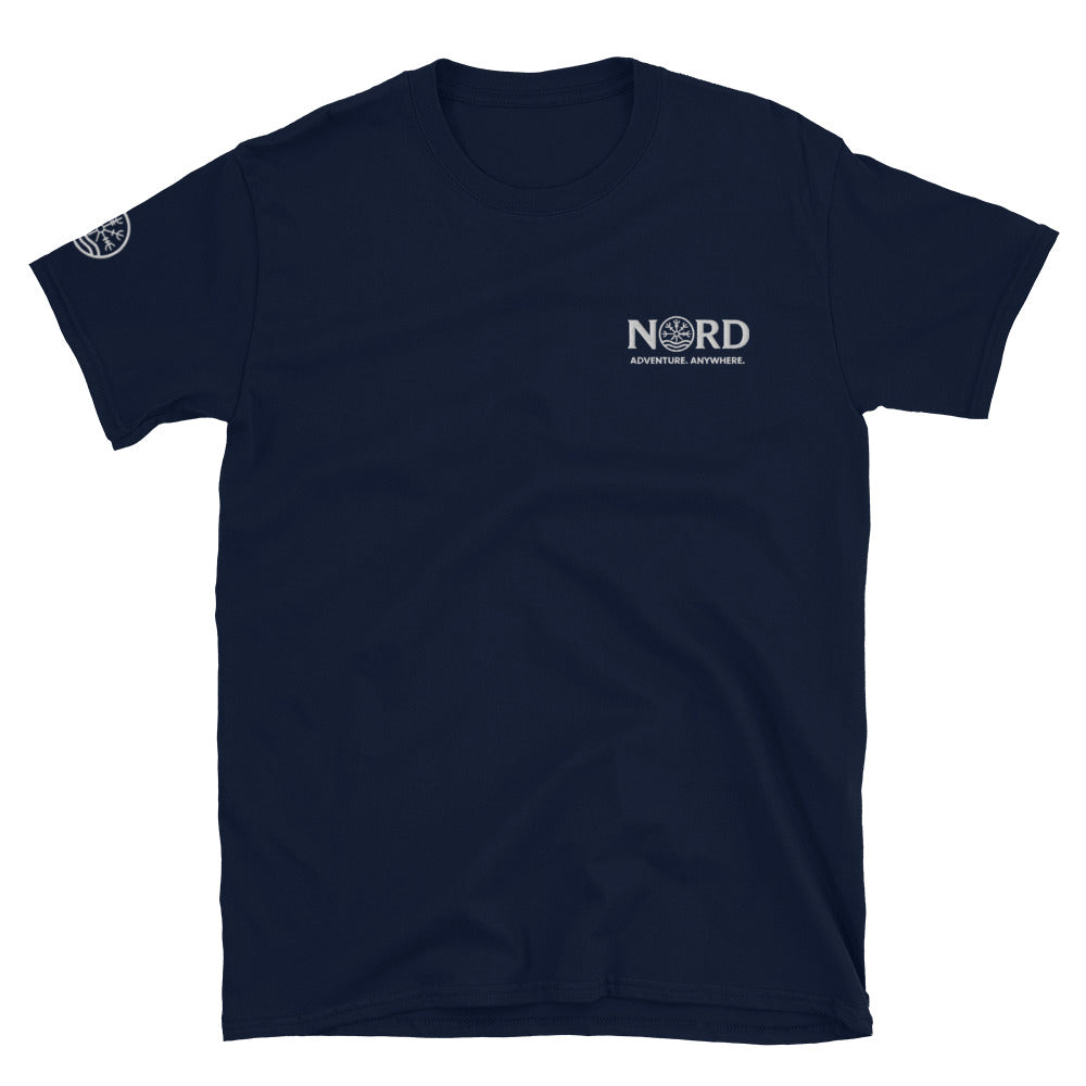 Nord Ljosalfar navy adventure T-shirt with embroidered logo – front view