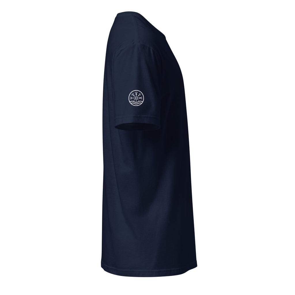 Nord Ljosalfar navy adventure T-shirt with embroidered logo – side view