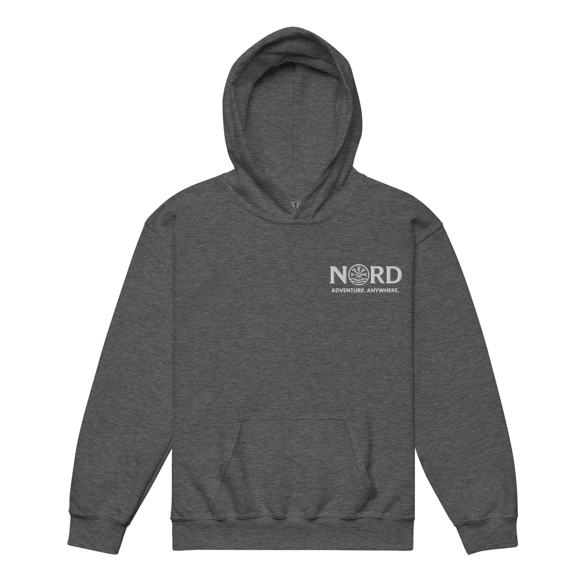 Nord Raven youth dark heather heavy blend hoodie with embroidered logo – front view