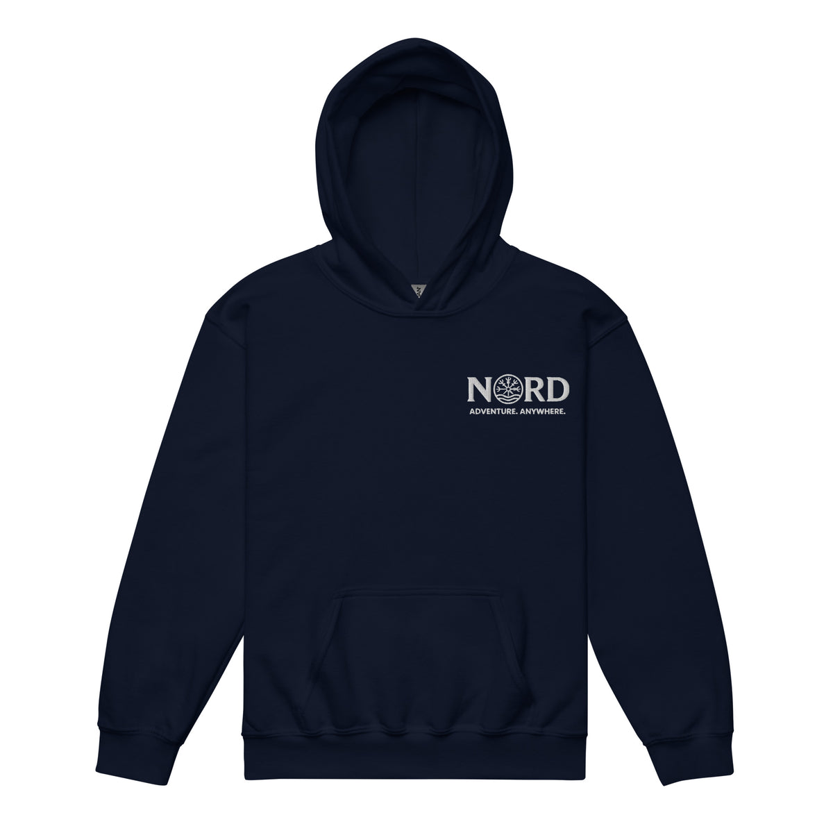 Nord Raven youth navy heavy blend hoodie with embroidered logo – front view