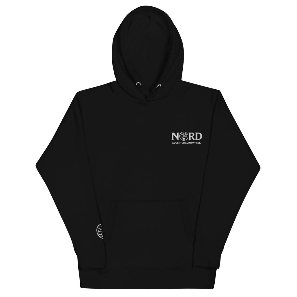 Nord Solrun unisex black hoodie with embroidered logo – front view
