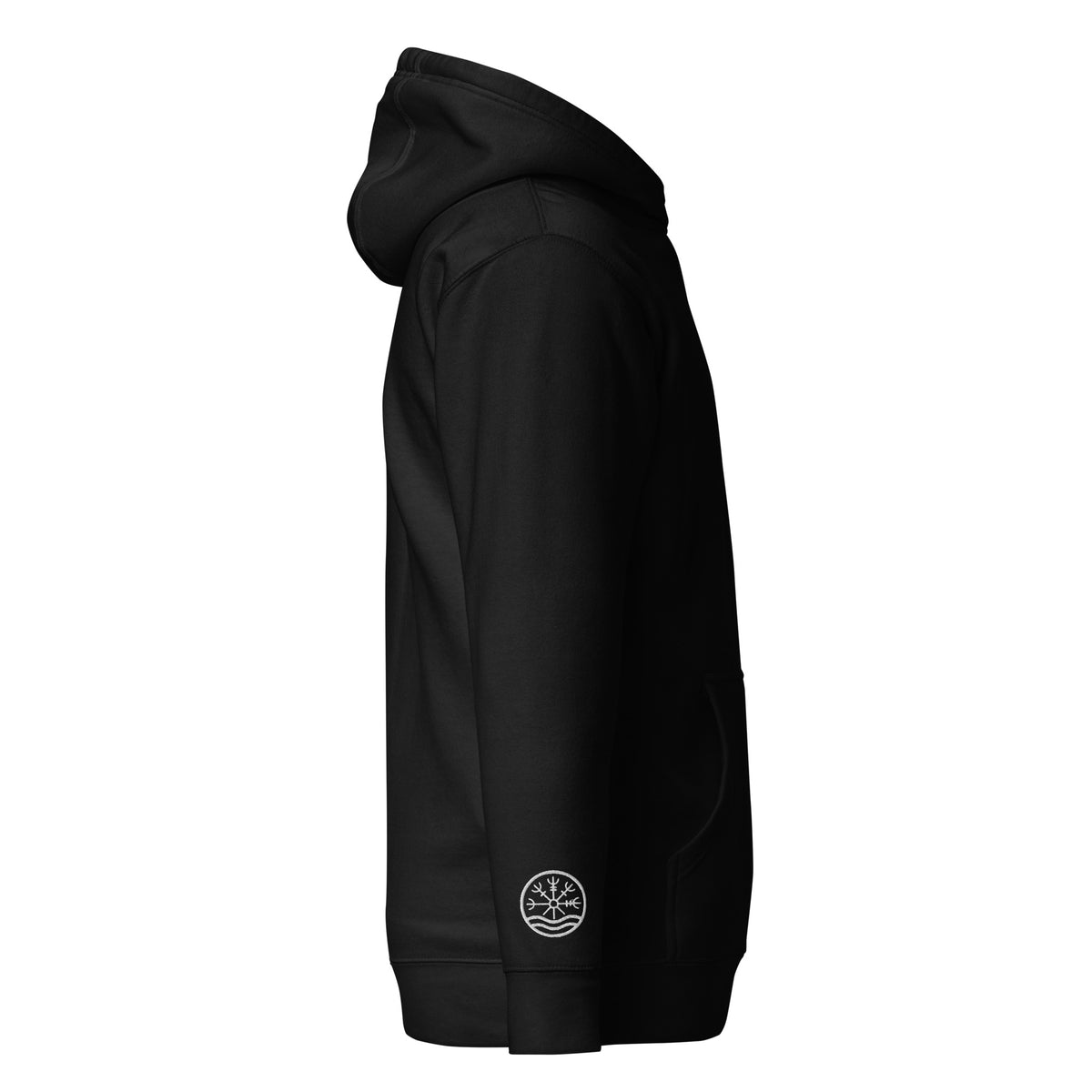 Nord Solrun unisex black hoodie with embroidered logo – side view