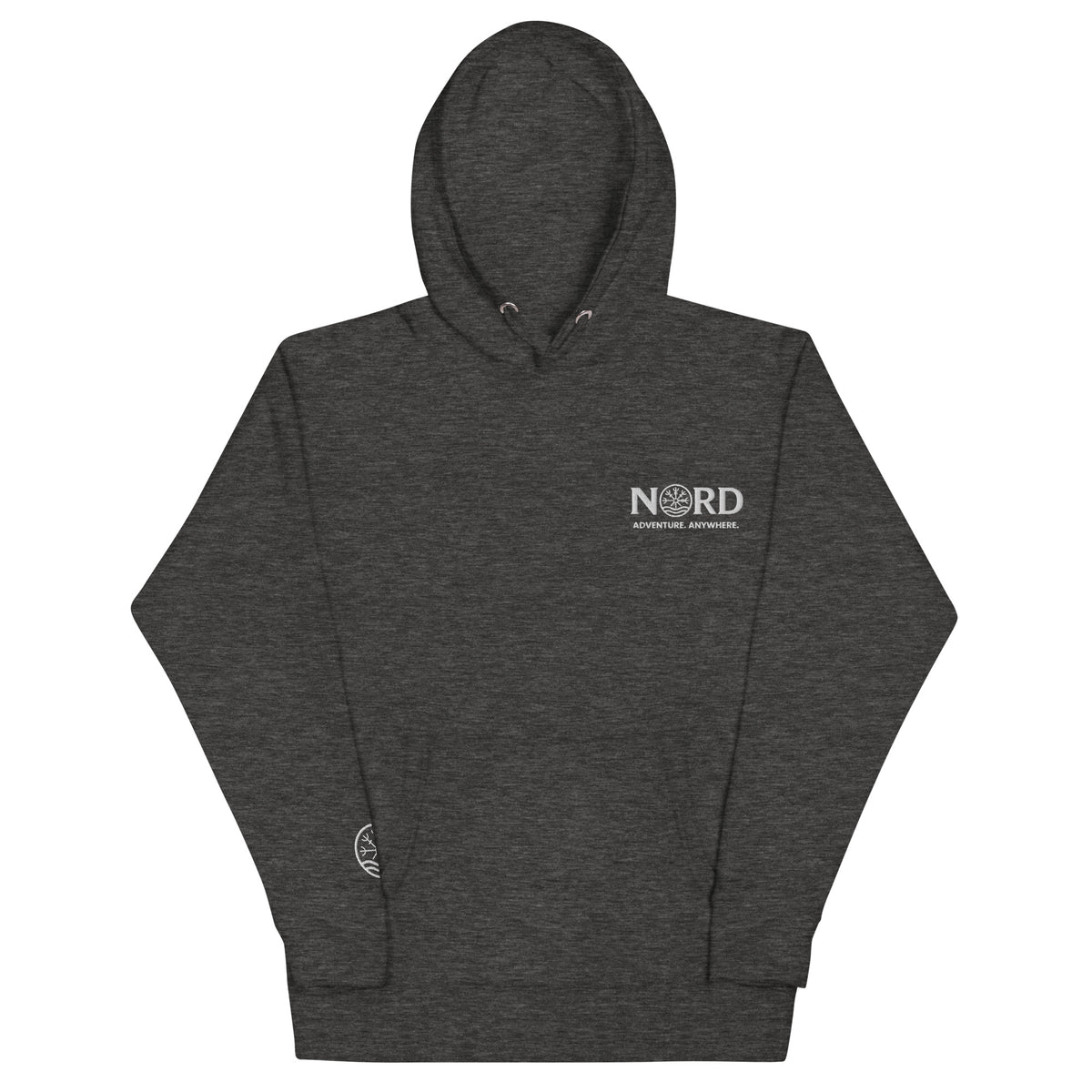 Nord Solrun unisex charcoal heather hoodie with embroidered logo – front view