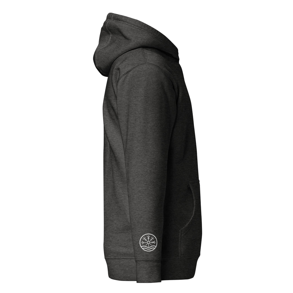 Nord Solrun unisex charcoal heather hoodie with embroidered logo – side view