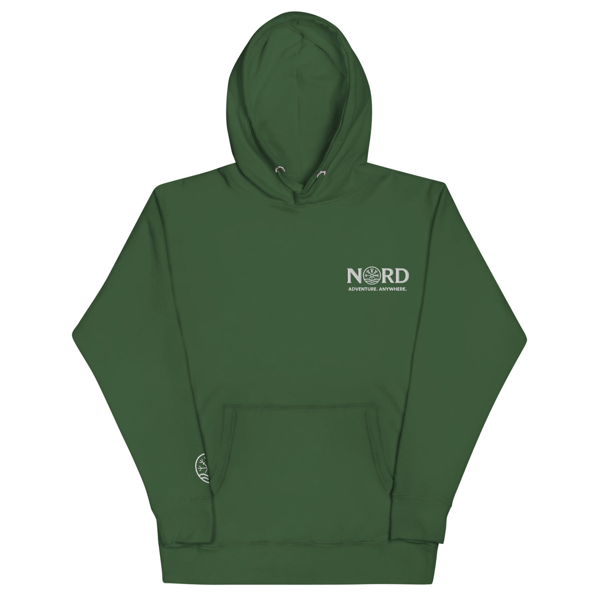 Nord Solrun unisex forest green hoodie with embroidered logo – front view