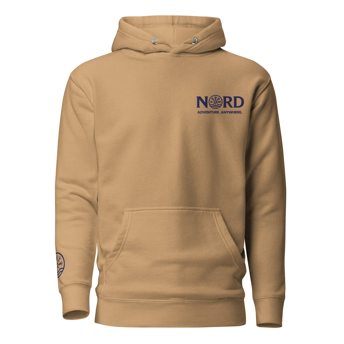 Nord Solrun unisex khaki hoodie with embroidered logo – front view