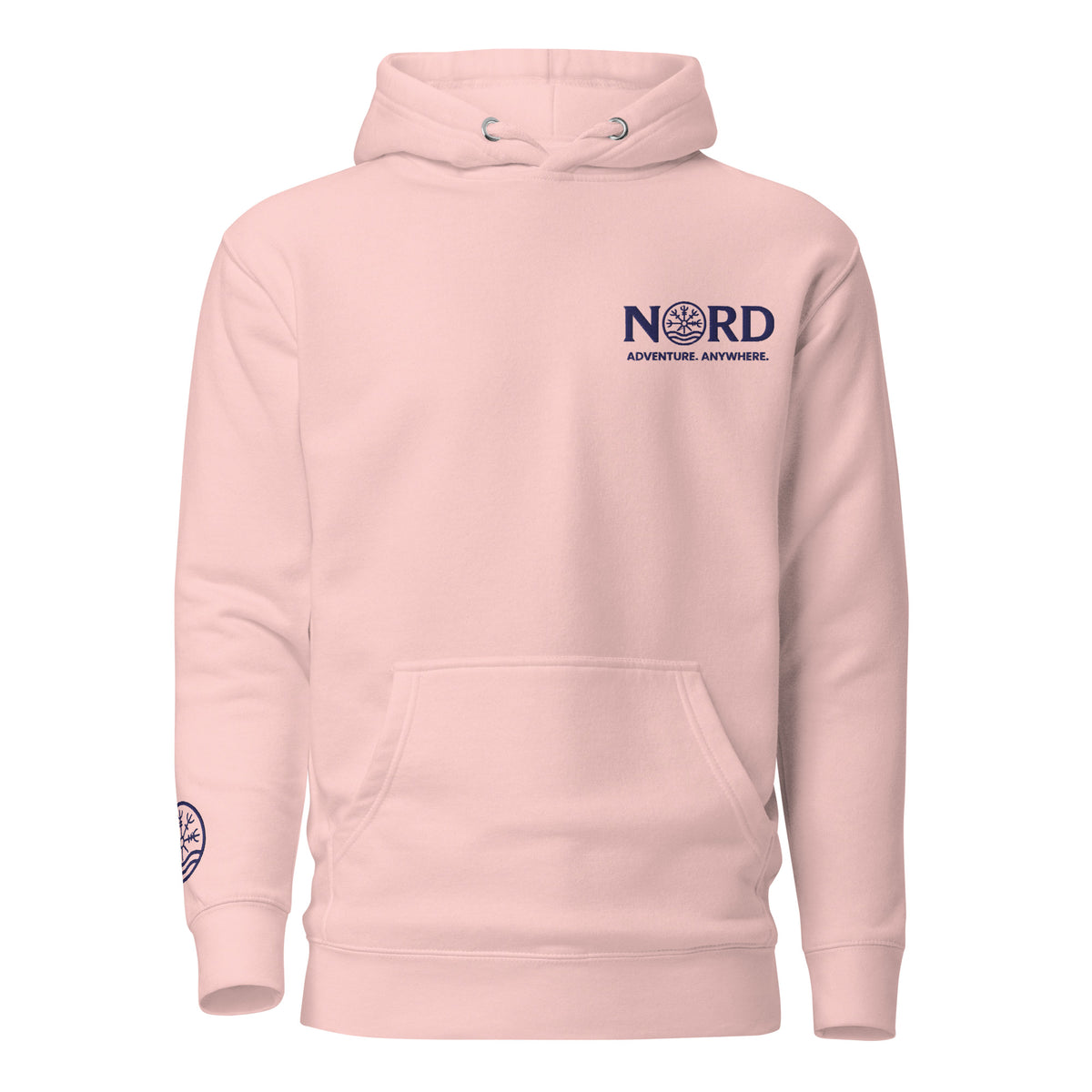 Nord Solrun unisex pink hoodie with embroidered logo – front view