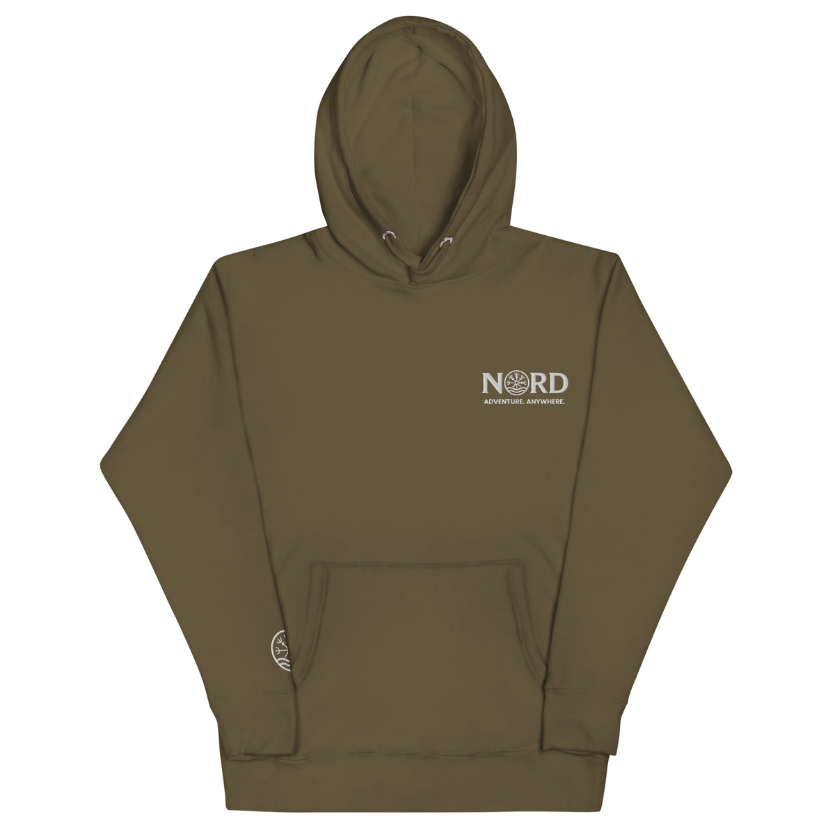 Nord Solrun unisex military green hoodie with embroidered logo – front view