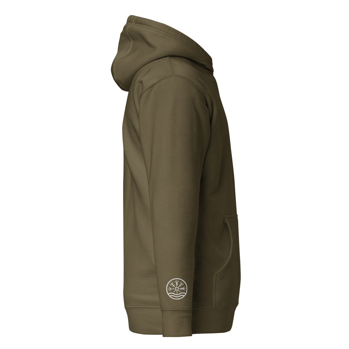 Nord Solrun unisex military green hoodie with embroidered logo – side view