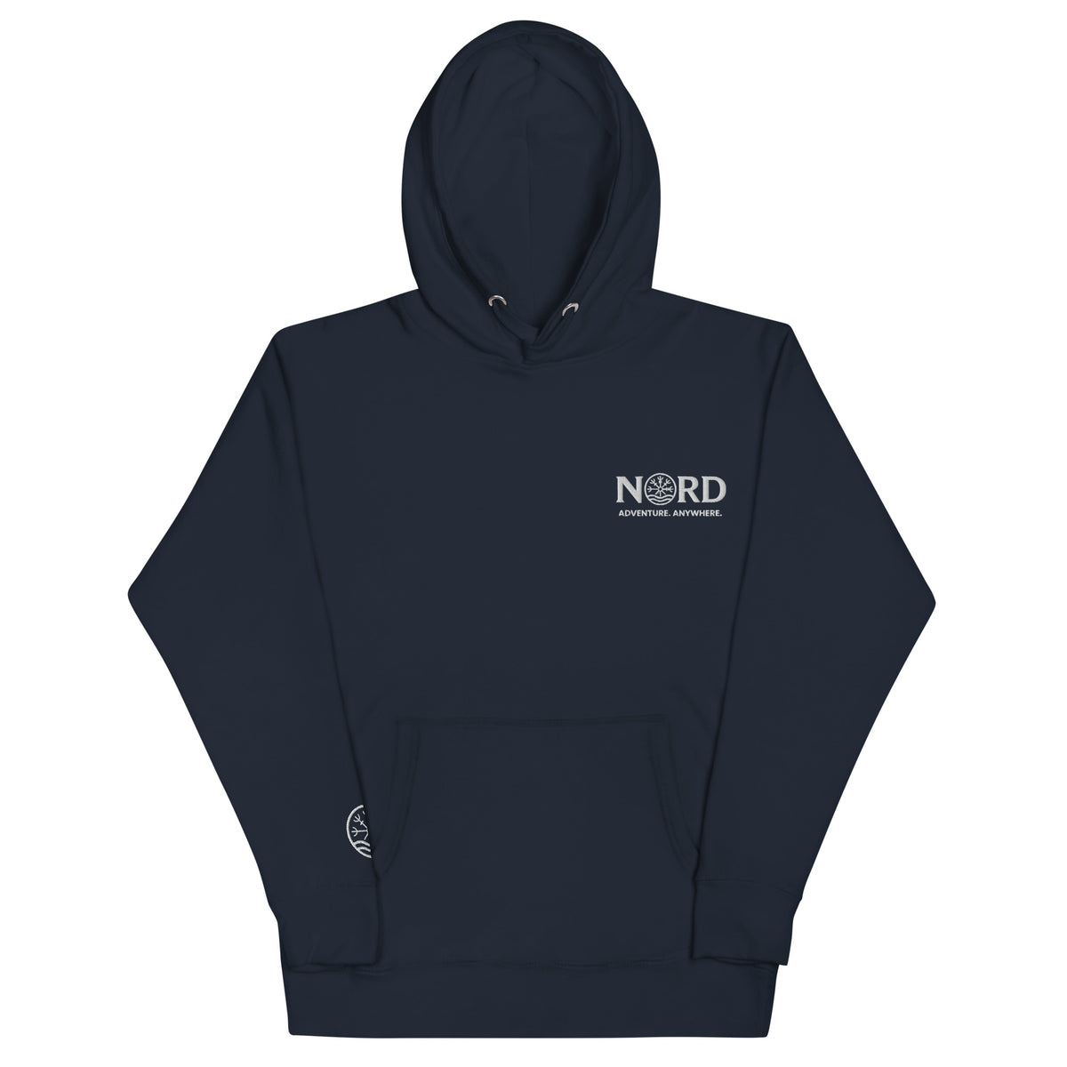 Nord Solrun unisex navy hoodie with embroidered logo – front view