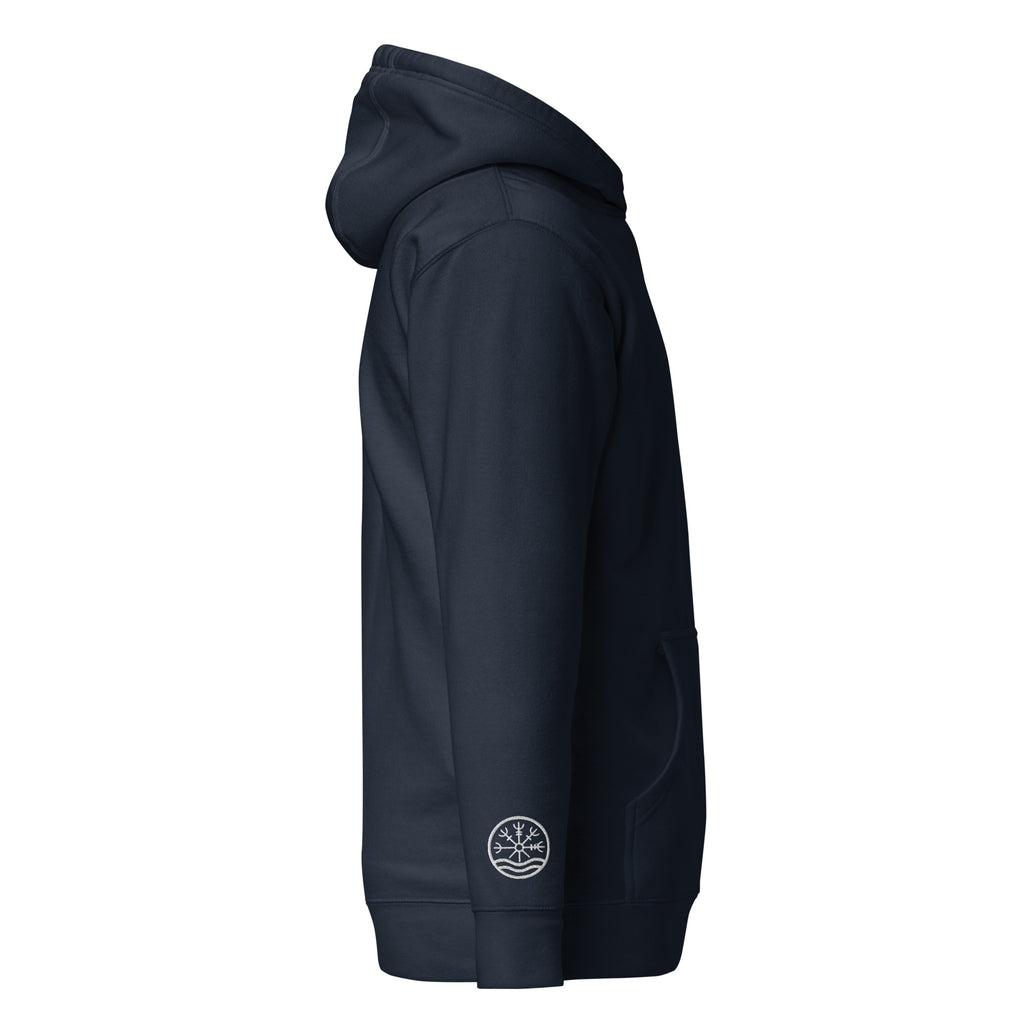 Nord Solrun unisex navy hoodie with embroidered logo – side view