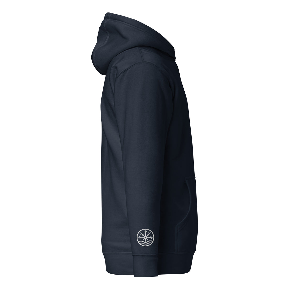 Nord Solrun unisex navy hoodie with embroidered logo – side view