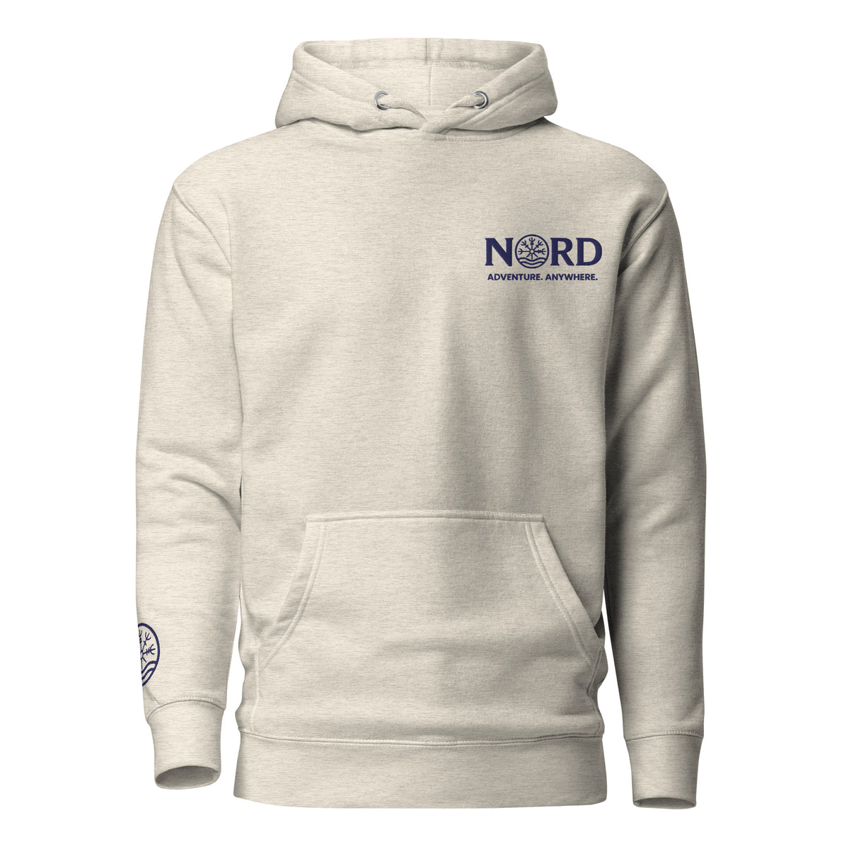 Nord Solrun unisex oatmeal heather hoodie with embroidered logo – front view