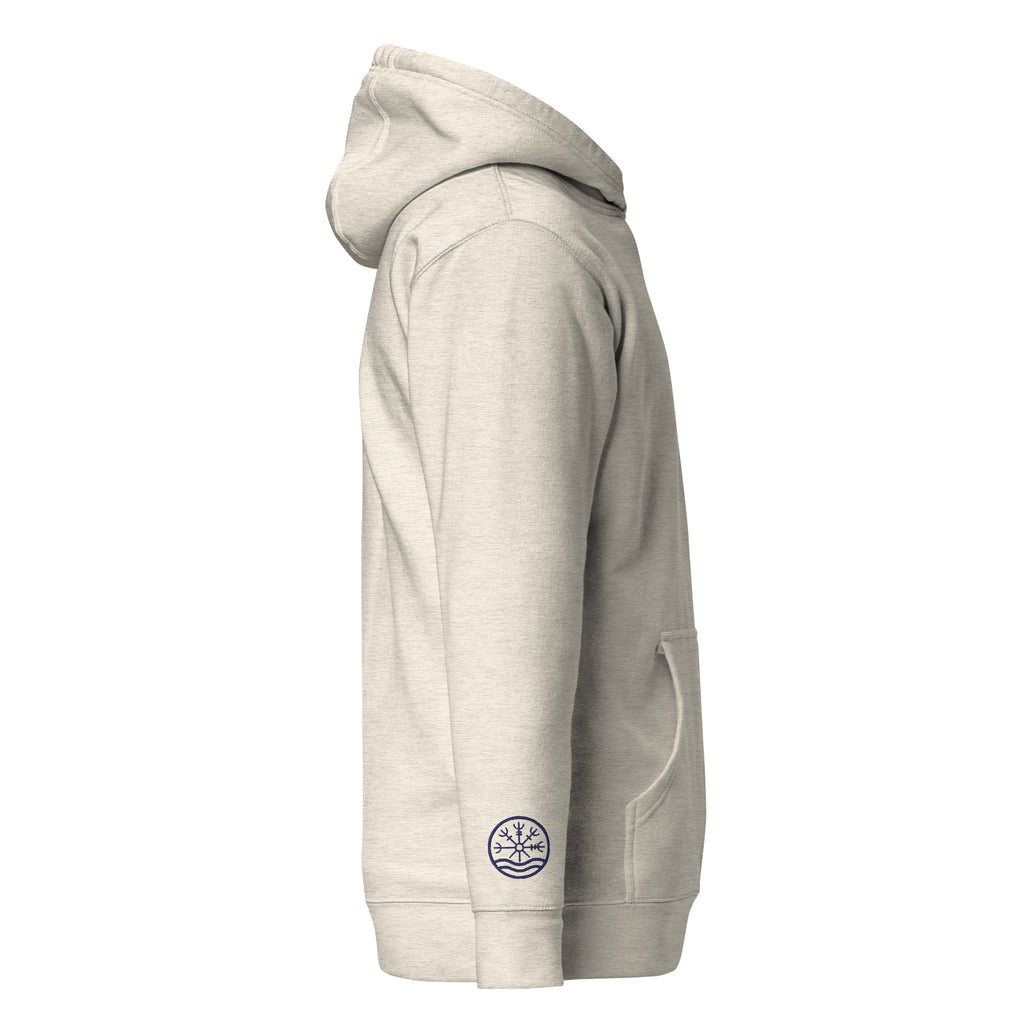 Nord Solrun unisex oatmeal heather hoodie with embroidered logo – front view