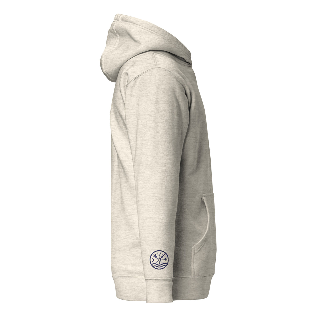 Nord Solrun unisex oatmeal heather hoodie with embroidered logo – front view