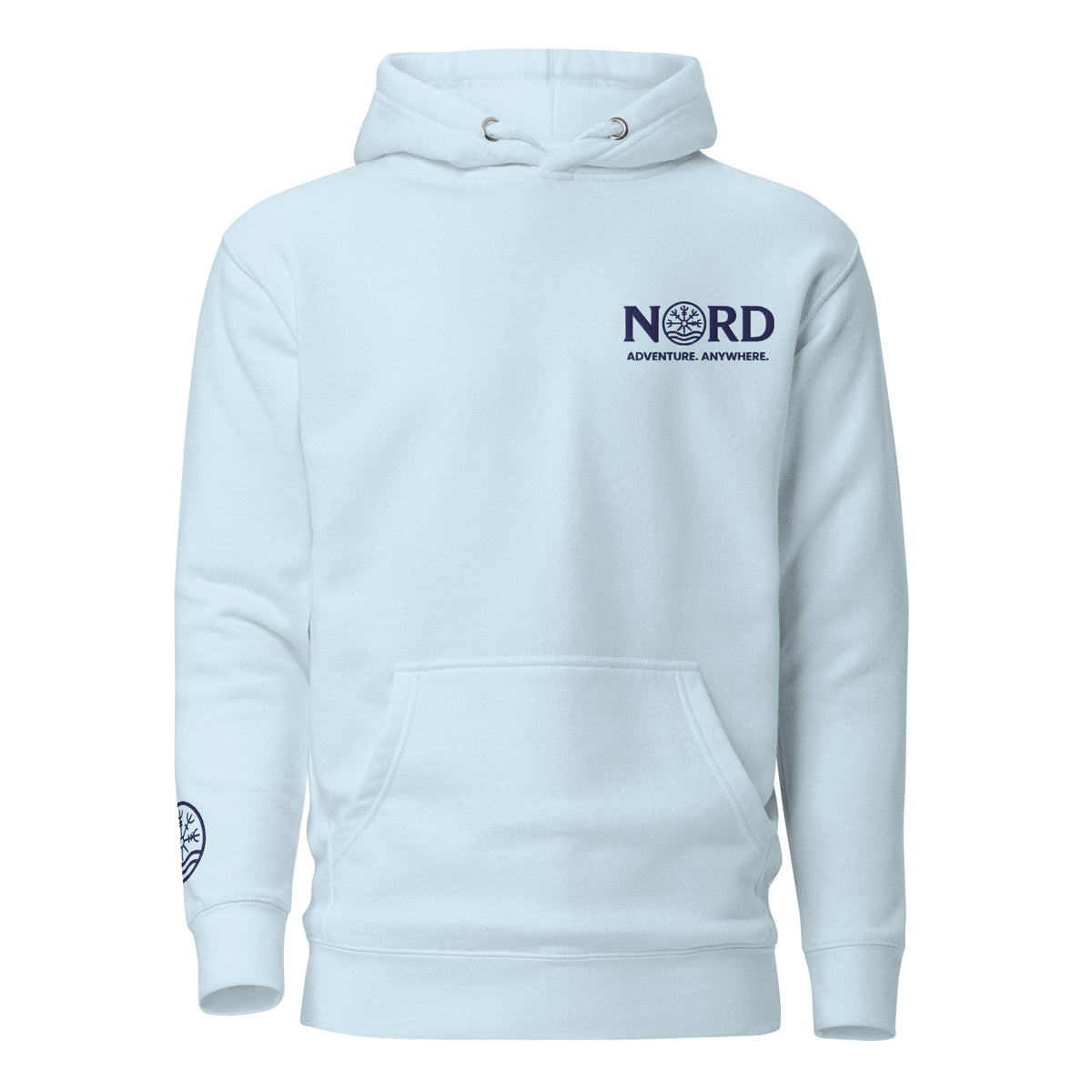 Nord Solrun unisex sky blue hoodie with embroidered logo – front view