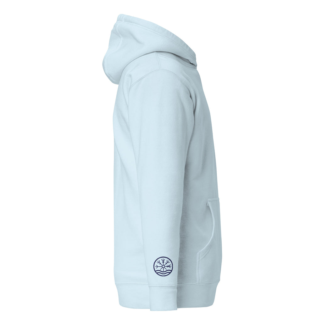 Nord Solrun unisex sky blue hoodie with embroidered logo – side view