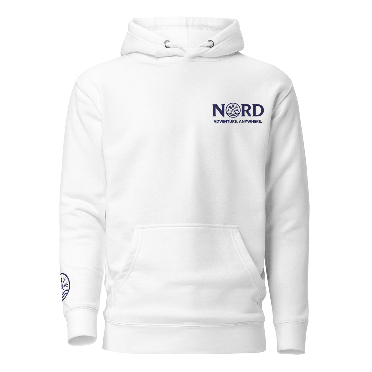 Nord Solrun unisex white hoodie with embroidered logo – front view