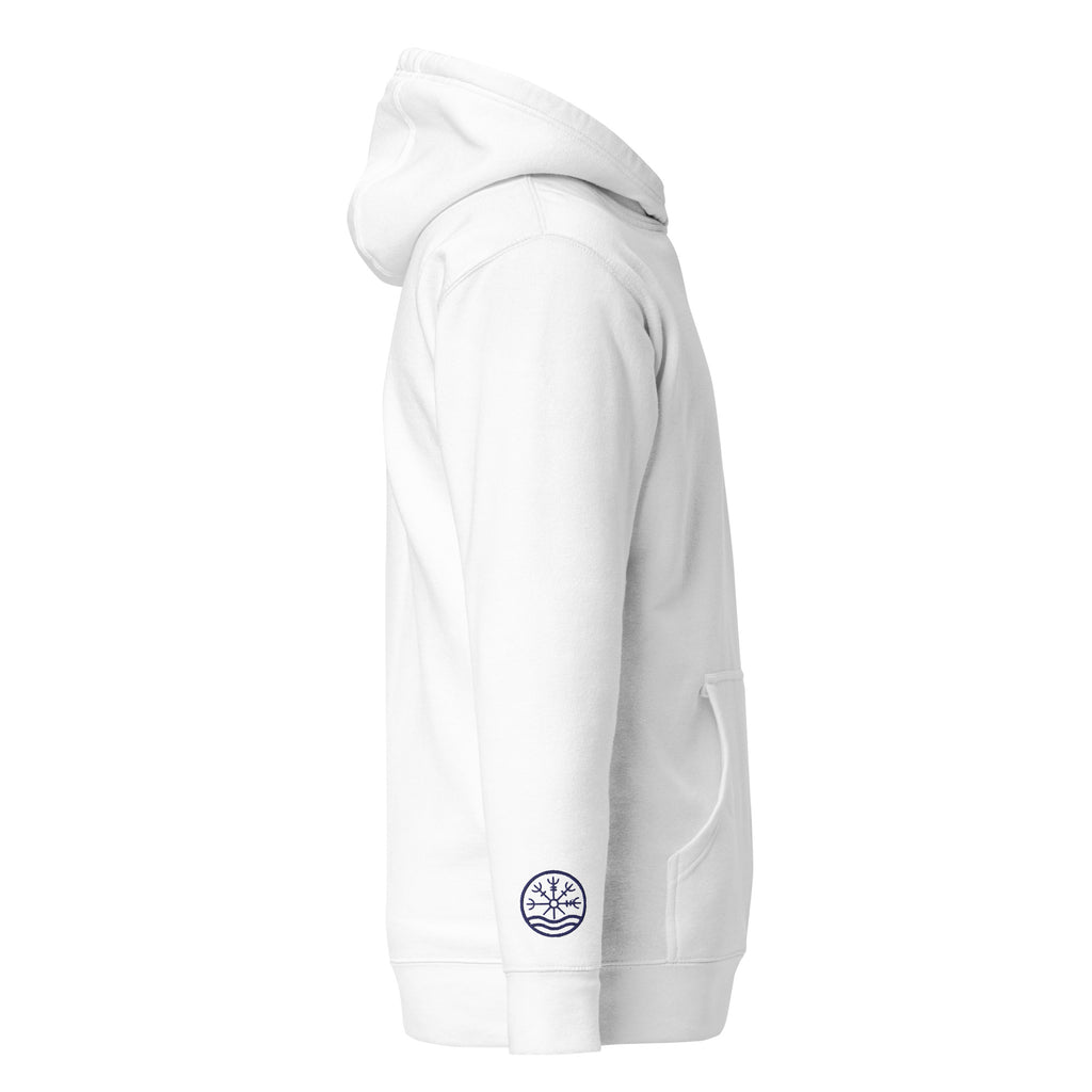 Nord Solrun unisex white hoodie with embroidered logo – side view