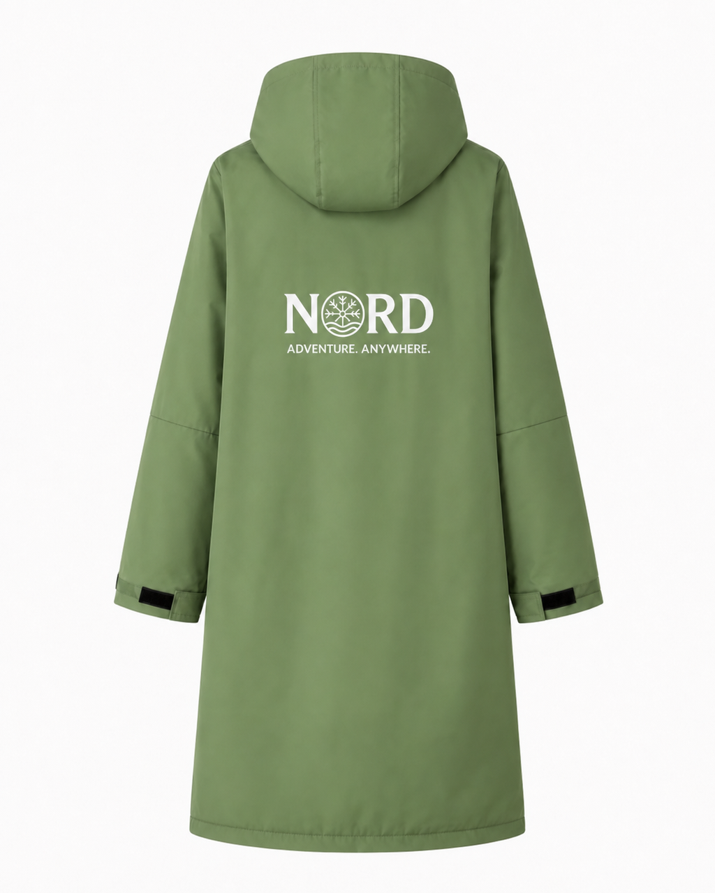 Nord Ullr Expedition changing robe in sage green with cream fleece lining, front zip, zipped pockets and Nord embroidered branding
