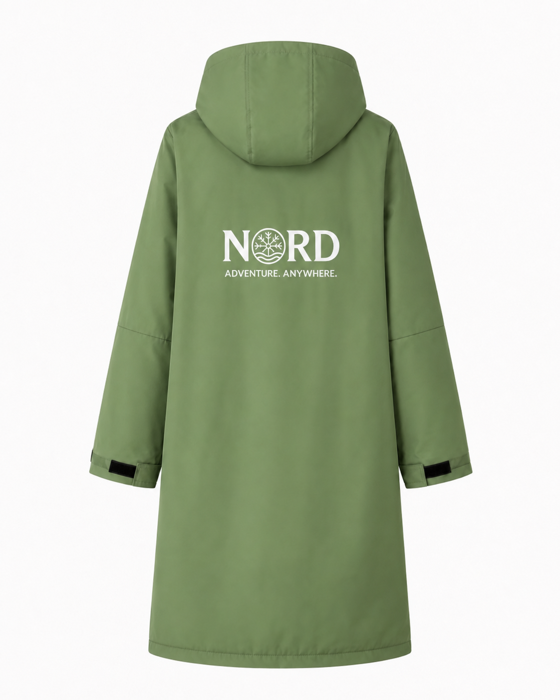 Nord Ullr Expedition changing robe in sage green with cream fleece lining, front zip, zipped pockets and Nord embroidered branding