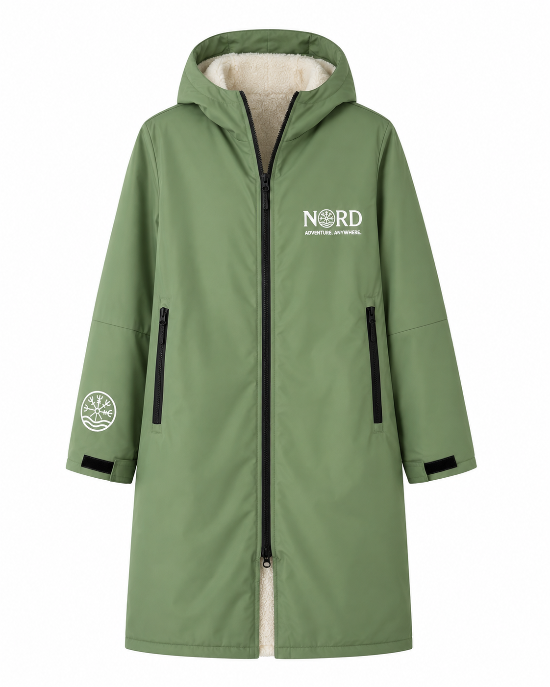 Nord Ullr Expedition changing robe in sage green with cream fleece lining, front zip, zipped pockets and Nord embroidered branding