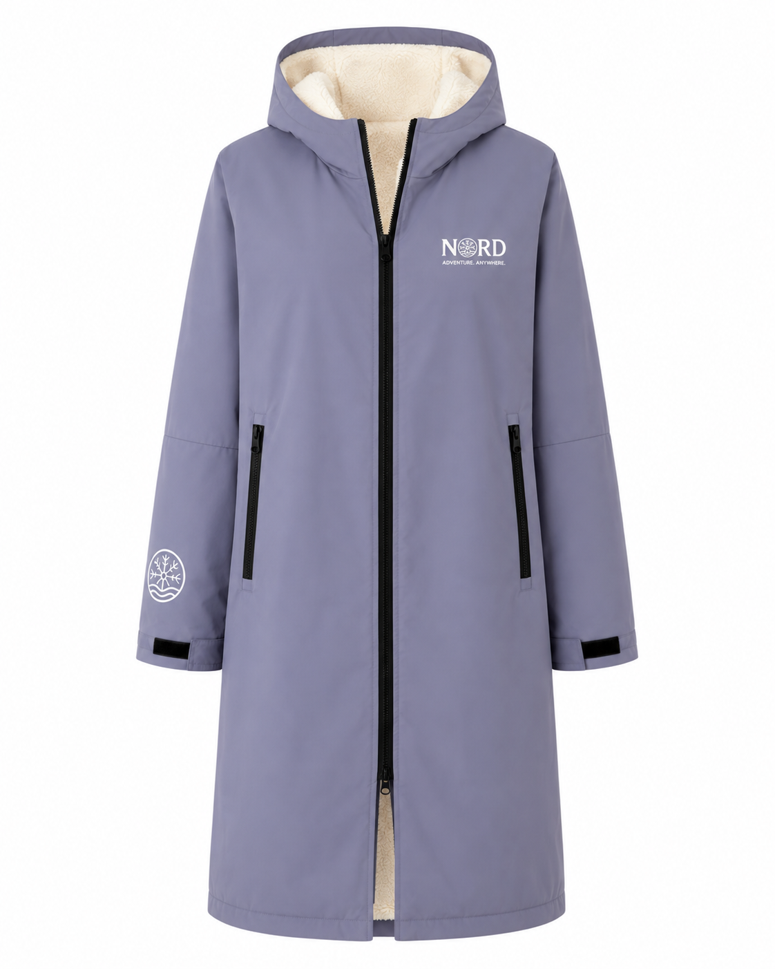 Nord Ullr Expedition changing robe in heather with cream fleece lining, front zip, zipped pockets and Nord embroidered branding