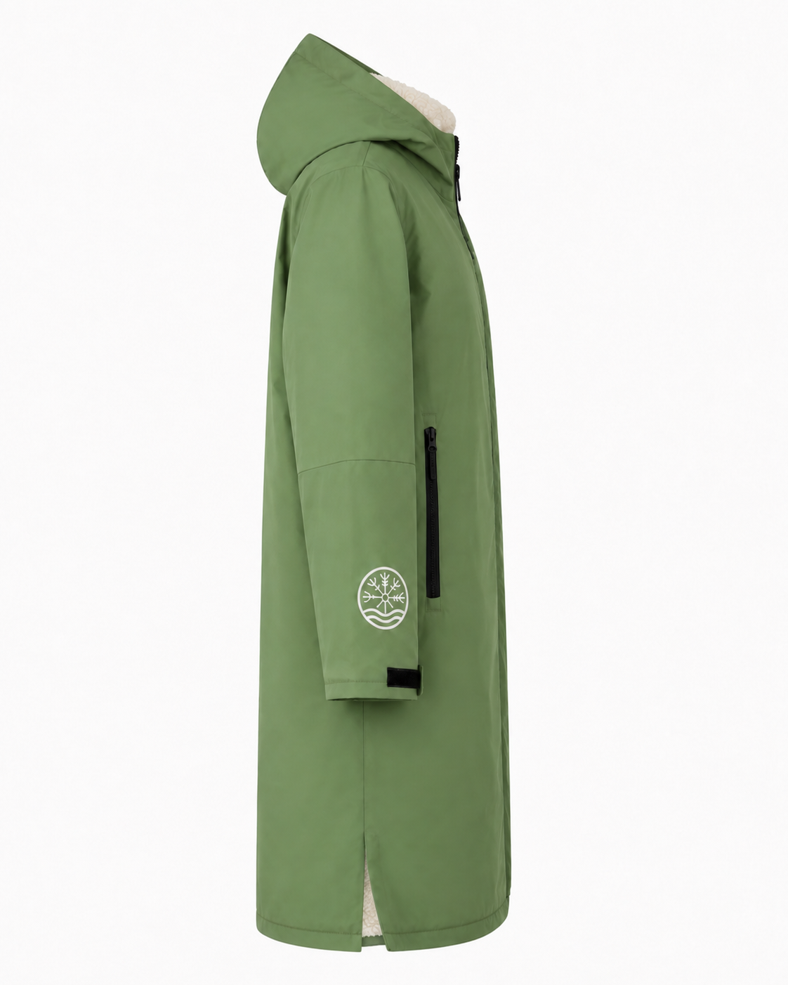 Nord Ullr Expedition changing robe in sage green with cream fleece lining, front zip, zipped pockets and Nord embroidered branding